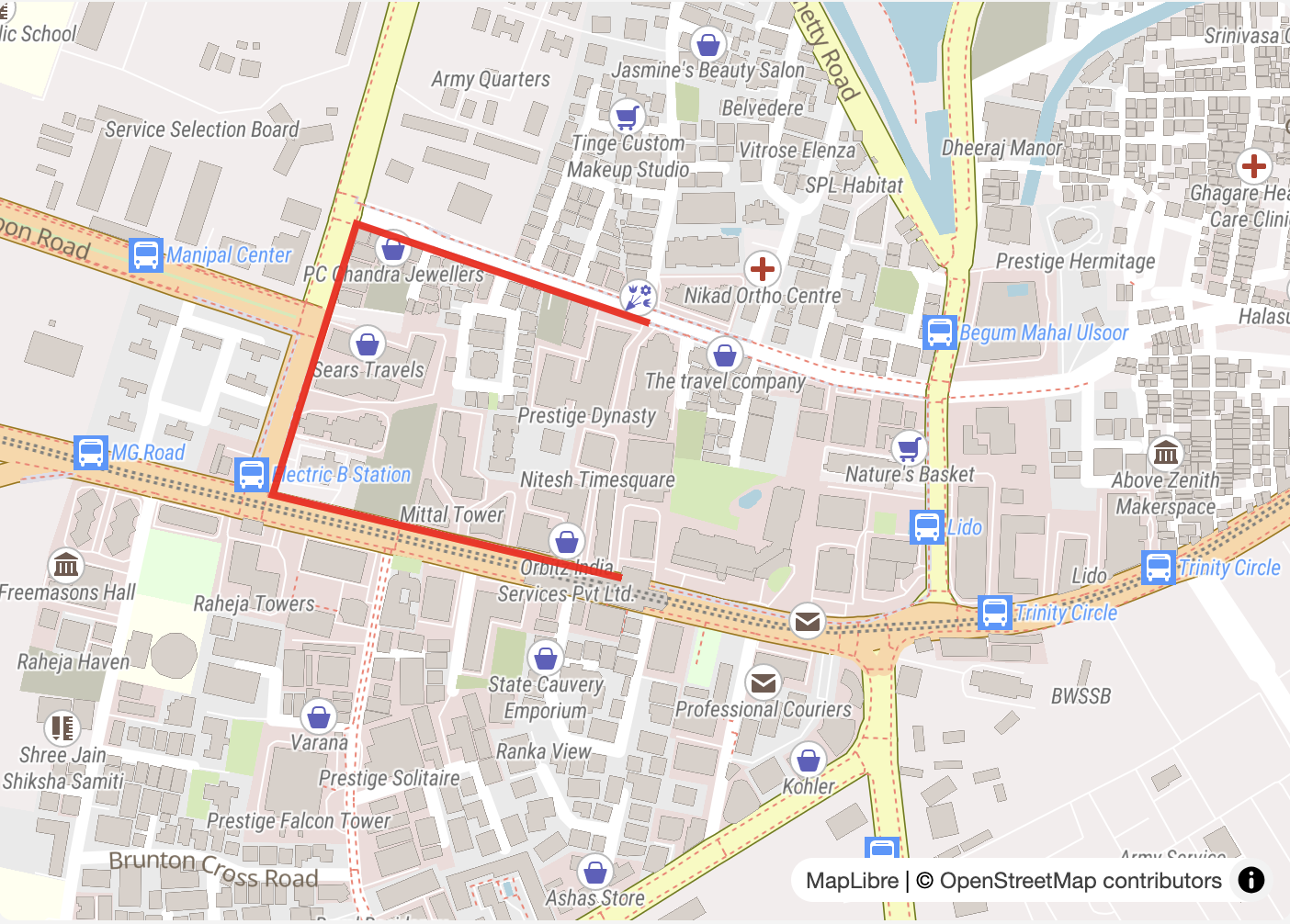 Map of the current route from Trinity Metro Station to Aga Abbas Ali Road