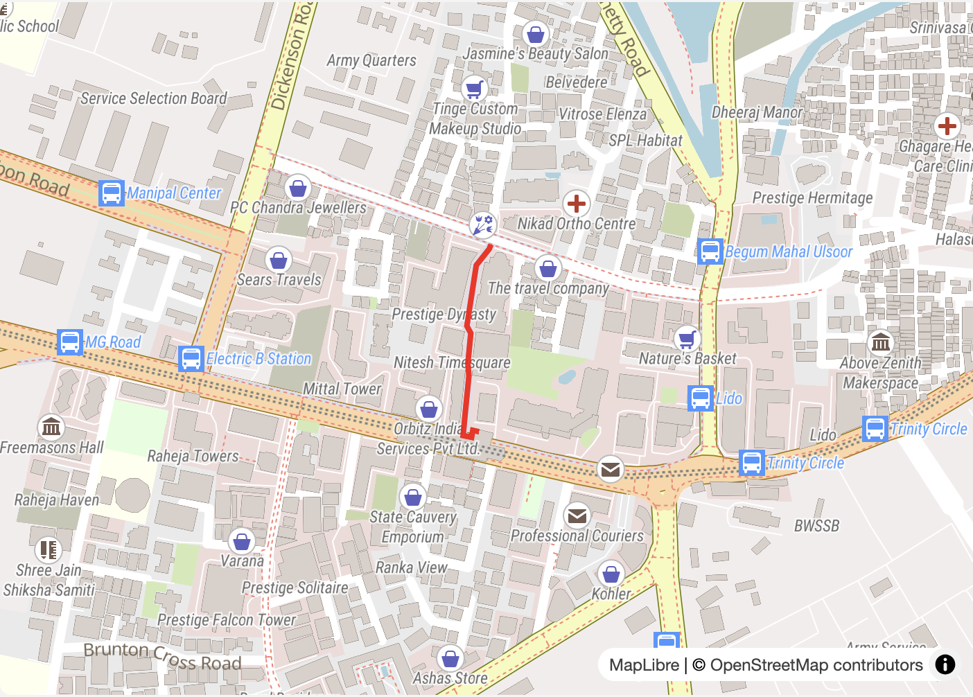 Map of the route from Trinity Metro Station to Aga Abbas Ali Road via the proposed new road